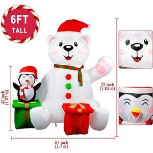 6FT Polar Bear Inflatable with Penguin Christmas Decorations with LED Light Up